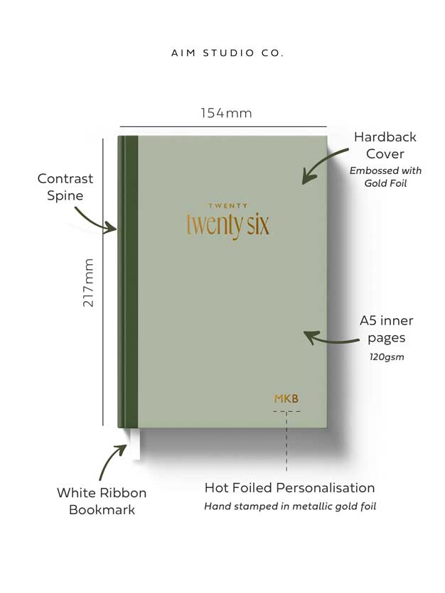 sage green 2026 diary with size dimensions and information showing white ribbon bookmark, personalised name and 120gsm weekly planner pages