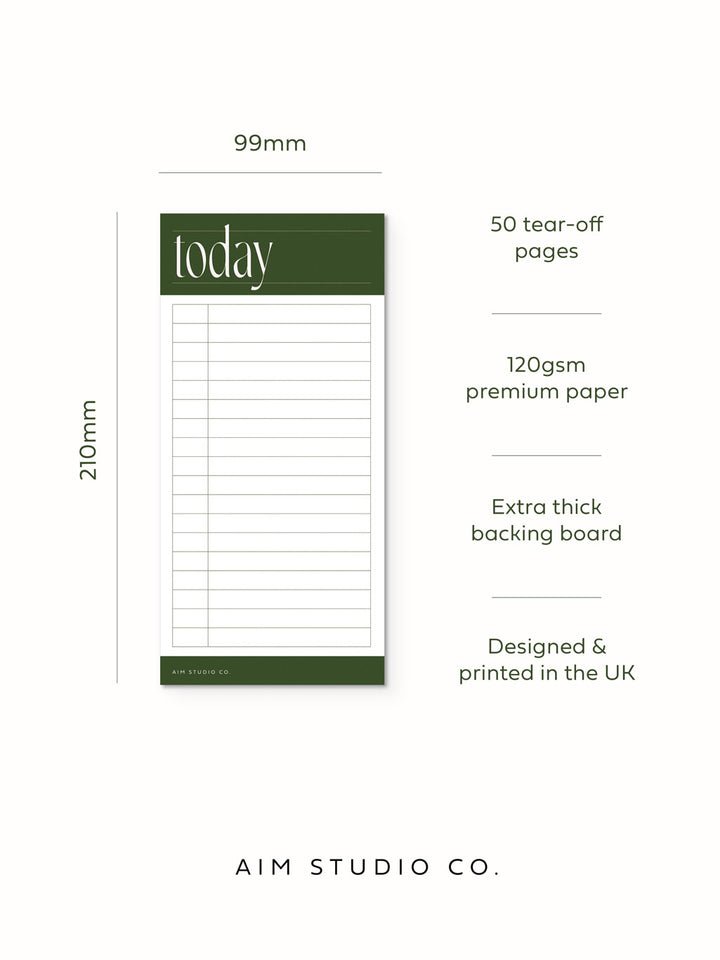 Notepad with dimensions and features on a white background, branded 'Aim Studio Co'.