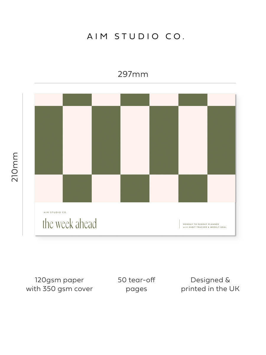A4 dimensions of weekly planner by aim studio co with product features such as 50 tear off sheets and designed and made in the UK