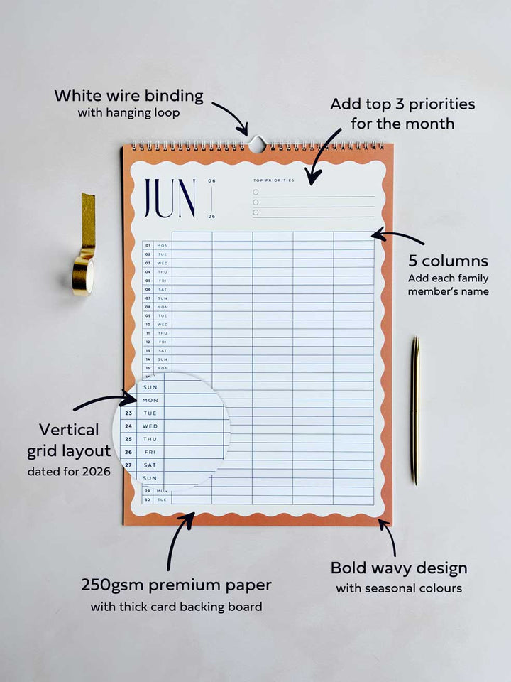 Monthly Planner page inside 2026 family calendar with white wire binding, hanging loop and wavy design by aim studio co.
