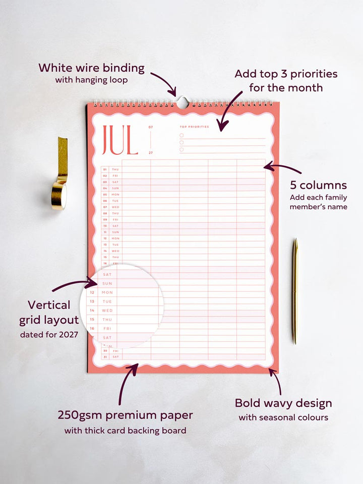 a month view family planner with informational text reading 5 column grid, vertical layout dated for 2027, 200gsm premium paper and bold wavy design.