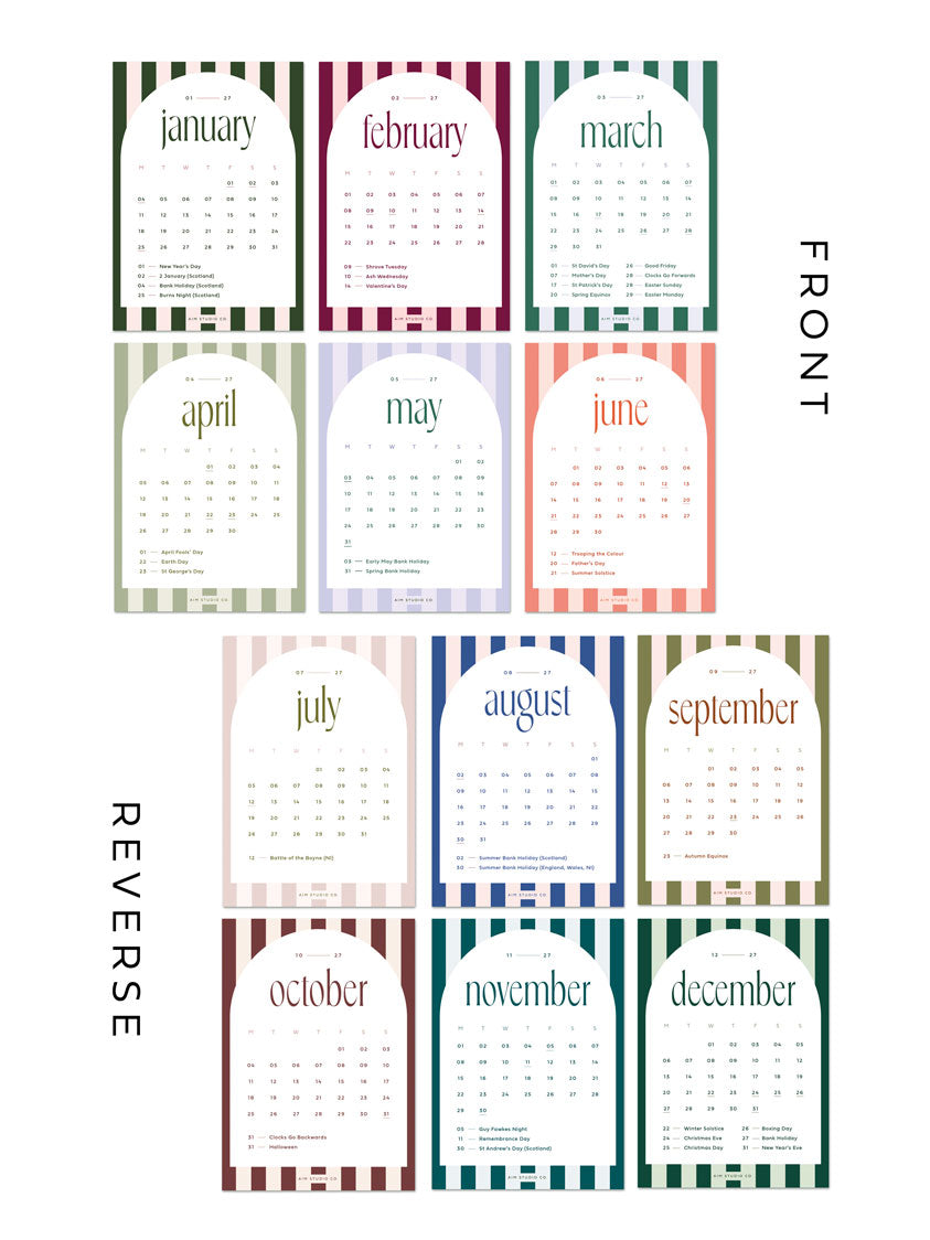 2027 month to view calendar cards from January to December with stripe design and modern typography.