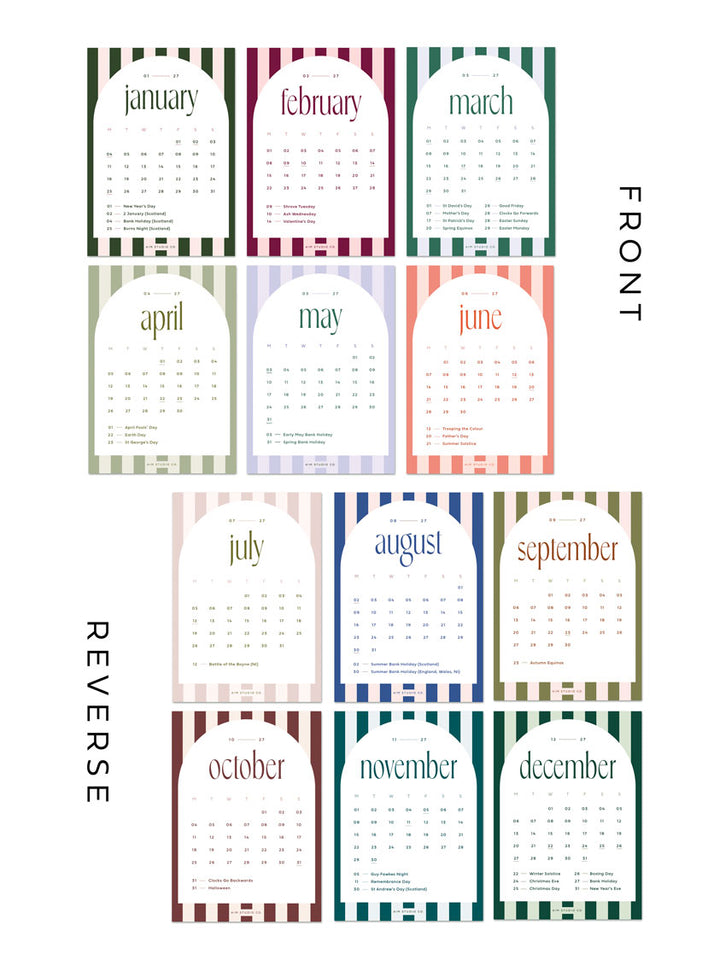 2027 month to view calendar cards from January to December with stripe design and modern typography.