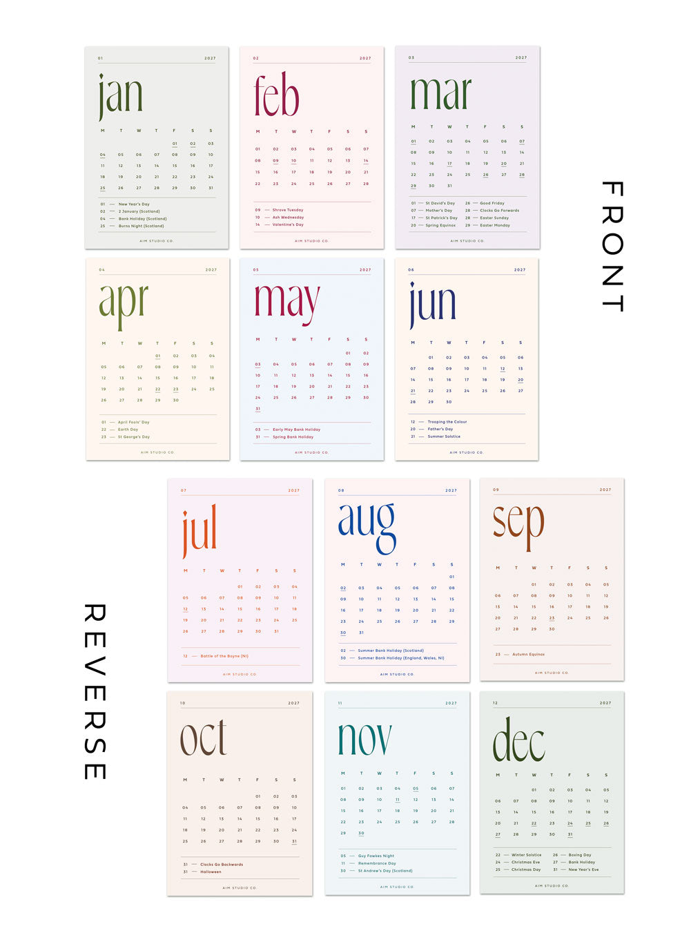 a set of twelve minimalist 2027 calendar cards with monthto view format in soft muted colour palette and oversized typography.