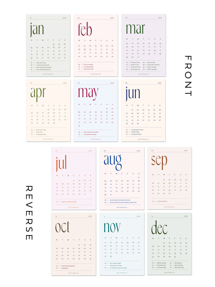 a set of twelve minimalist 2027 calendar cards with monthto view format in soft muted colour palette and oversized typography.