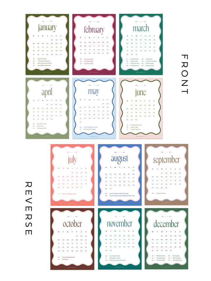 full set of 12 month wavy calendar cards by aim studio co for 2027.