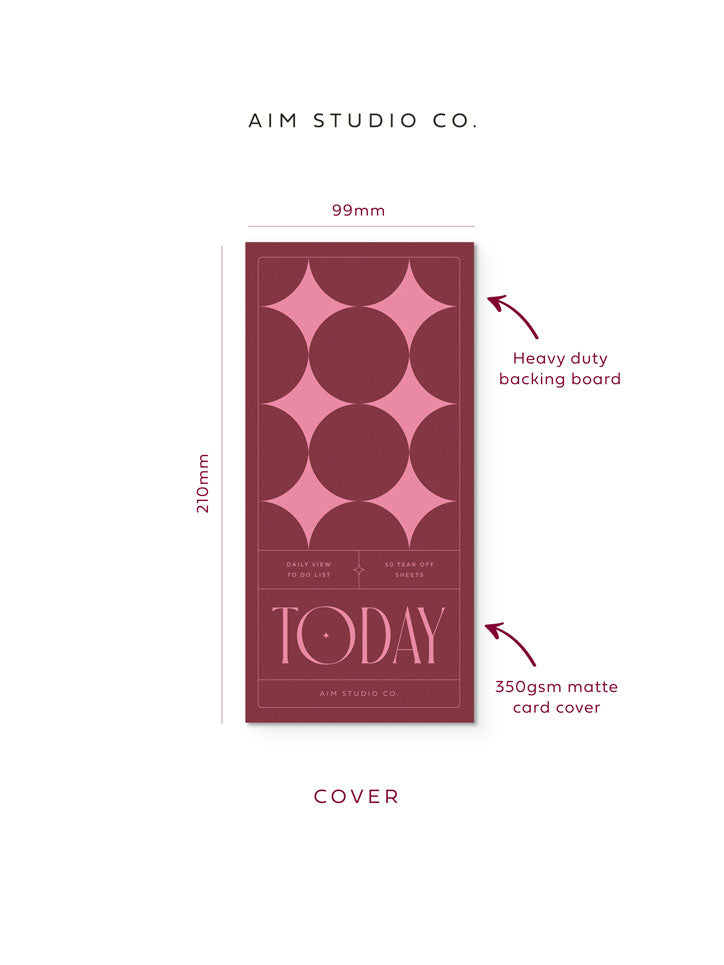 Cover of daily to do list planner showing Slim DL size dimensions (99mm x 210mm) and text with arrows highlighting the 350gsm matte card cover and heavy duty backing board.