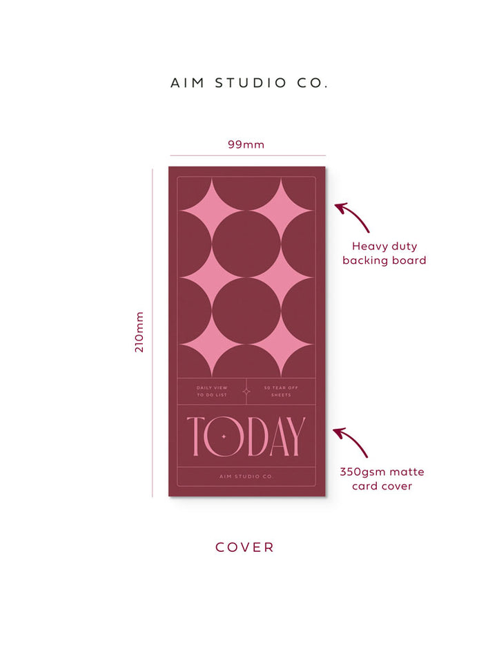 Cover of daily to do list planner showing Slim DL size dimensions (99mm x 210mm) and text with arrows highlighting the 350gsm matte card cover and heavy duty backing board.