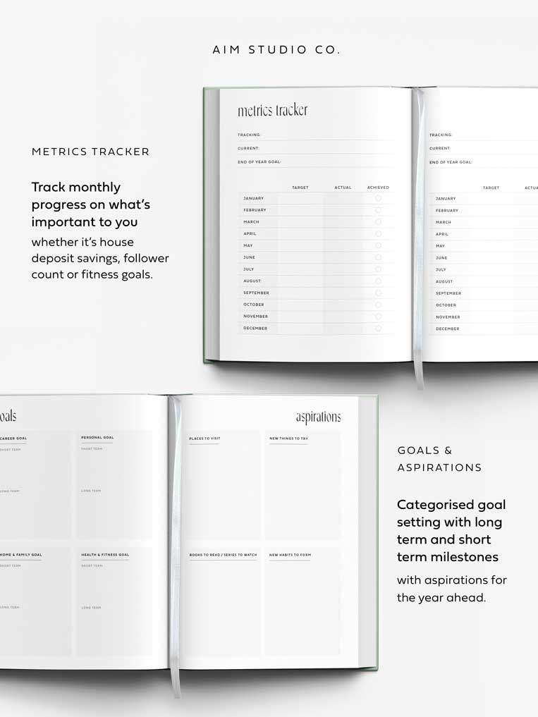 metrics tracker and goal setting pages inside 2026 week to view planner by aim studio co.