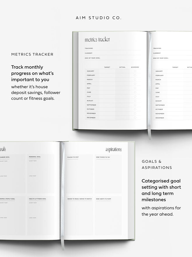 An open diary planner showing interior pages for a metrics tracker and goals &amp; aspirations section, with descriptive text beside it on a light gray background. The brand name AIM STUDIO CO.