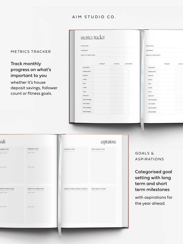 goal setting and monthly habit tracker pages inside A5 2026 diary 