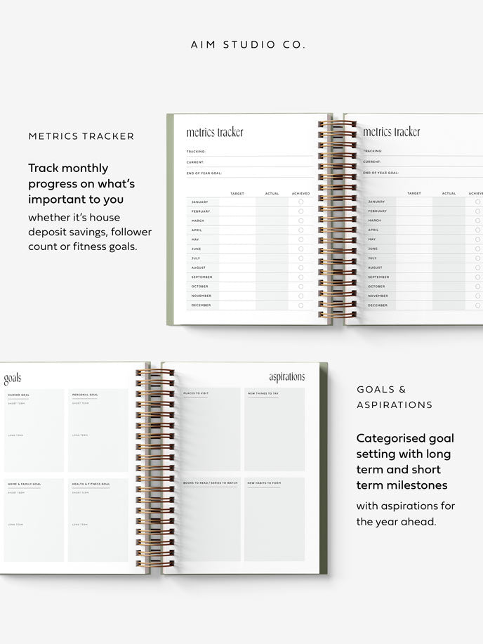 goal setting and metrics tracker pages inside personalised spiral a5 planner by aim studio co. Displays descriptive text on categorised goal setting for long and short term goals.