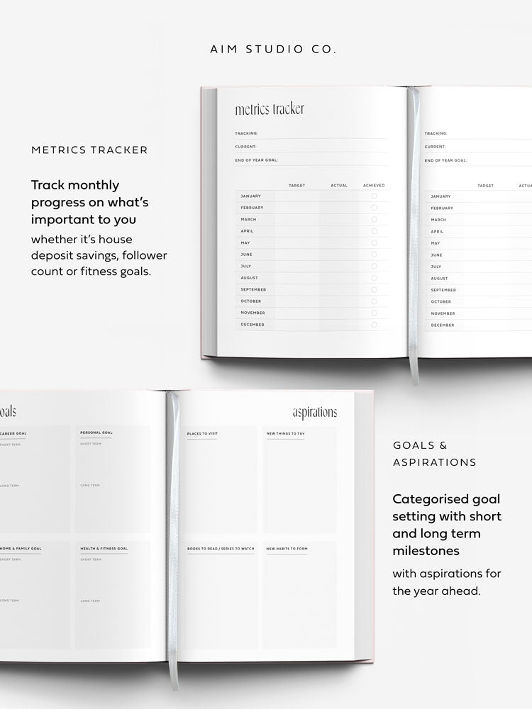 Metrics tracker and goal setting pages inside 2027 diary by aim studio co.