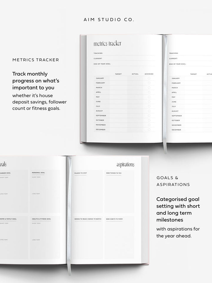 Metrics tracker and goal setting pages inside 2027 diary by aim studio co.