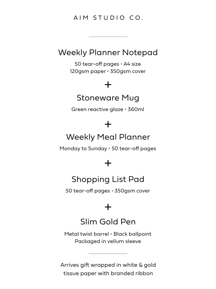 Green stationery planner gift bundle with a weekly planner, shopping list and meal planner, styled with a green stoneware mug.
