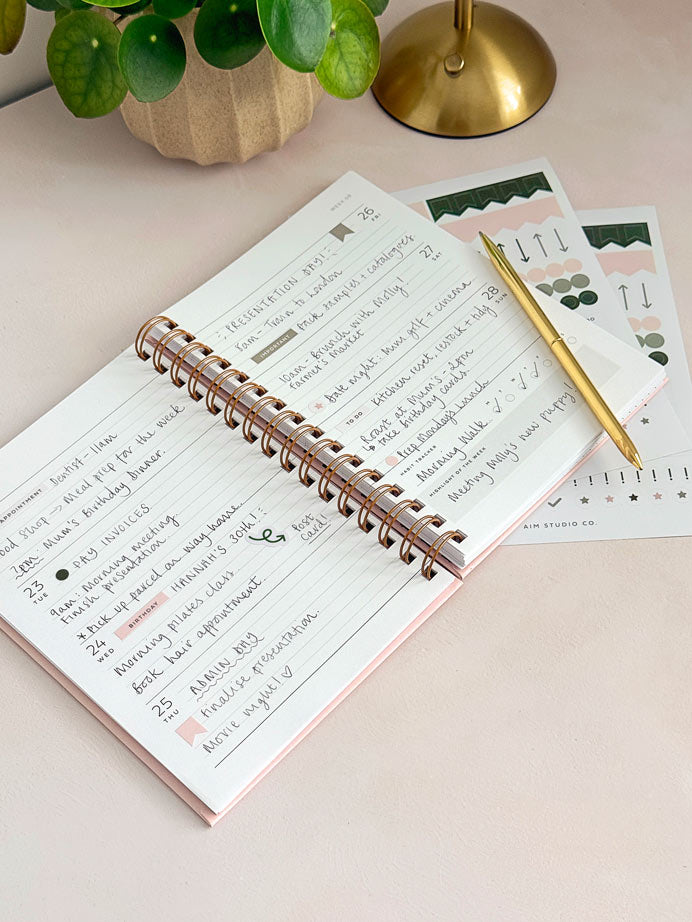 An open spiral-bound planner with lined pages, handwritten notes, decorative sticker sheets, and a daily habit tracker. A gold pen lies on the diary.