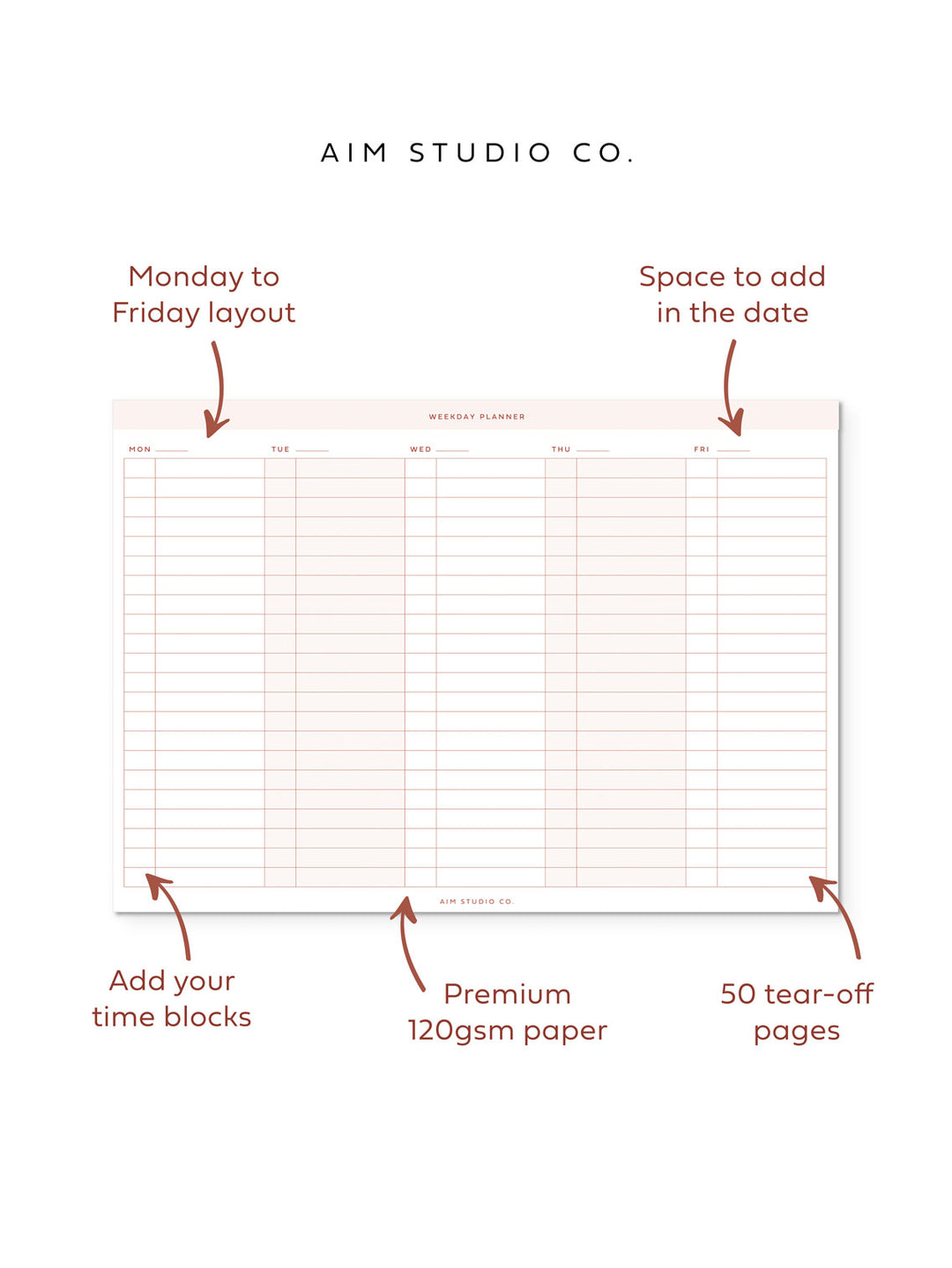 A4 Weekday Time Blocking Planner Notepad - Pale Pink