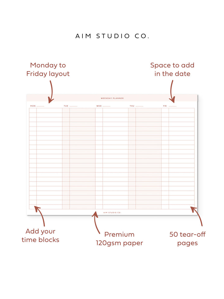 A4 Weekday Time Blocking Planner Notepad - Pale Pink