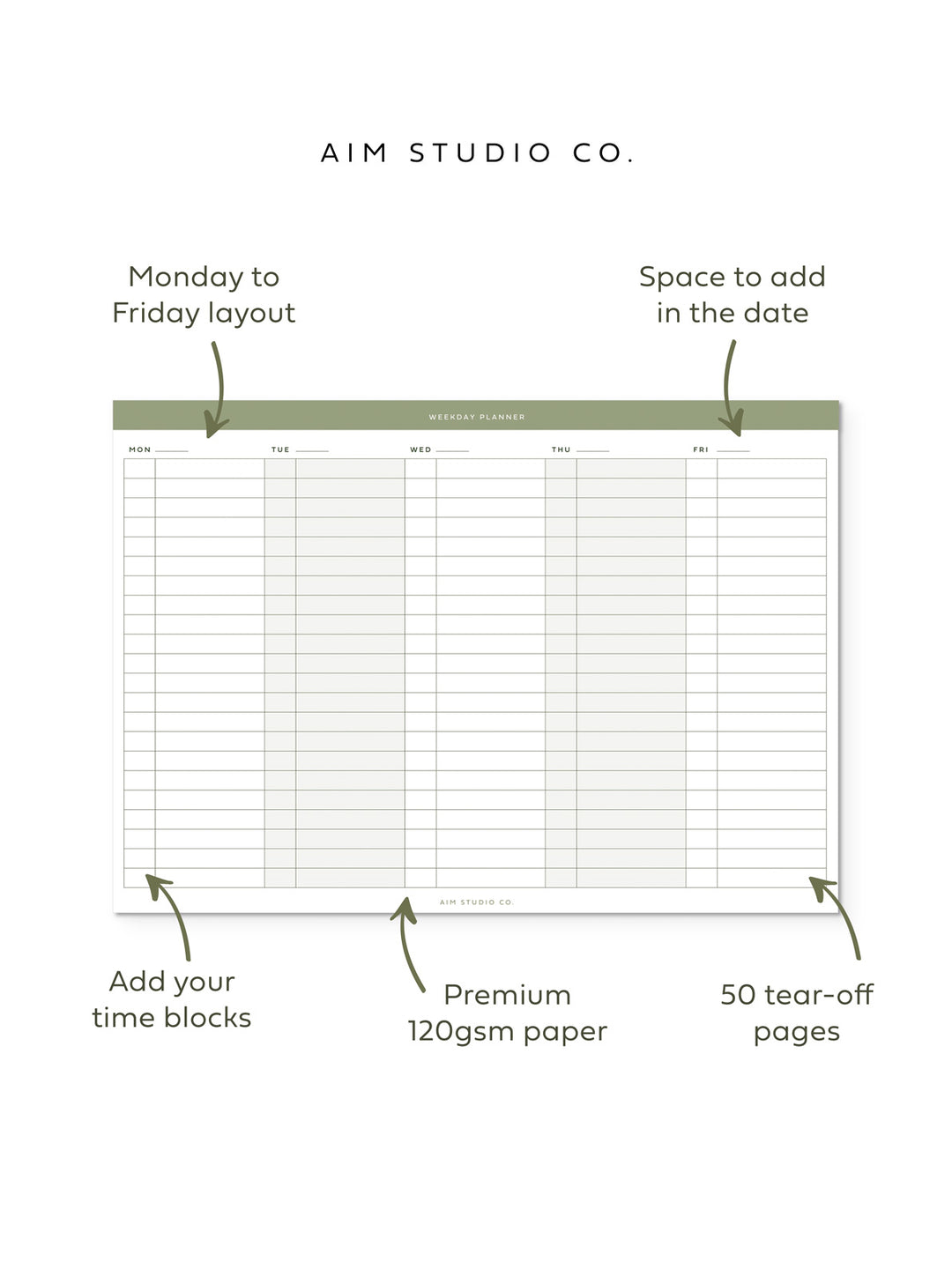 A4 Time Block Weekday Planner Notepad - Sage Green
