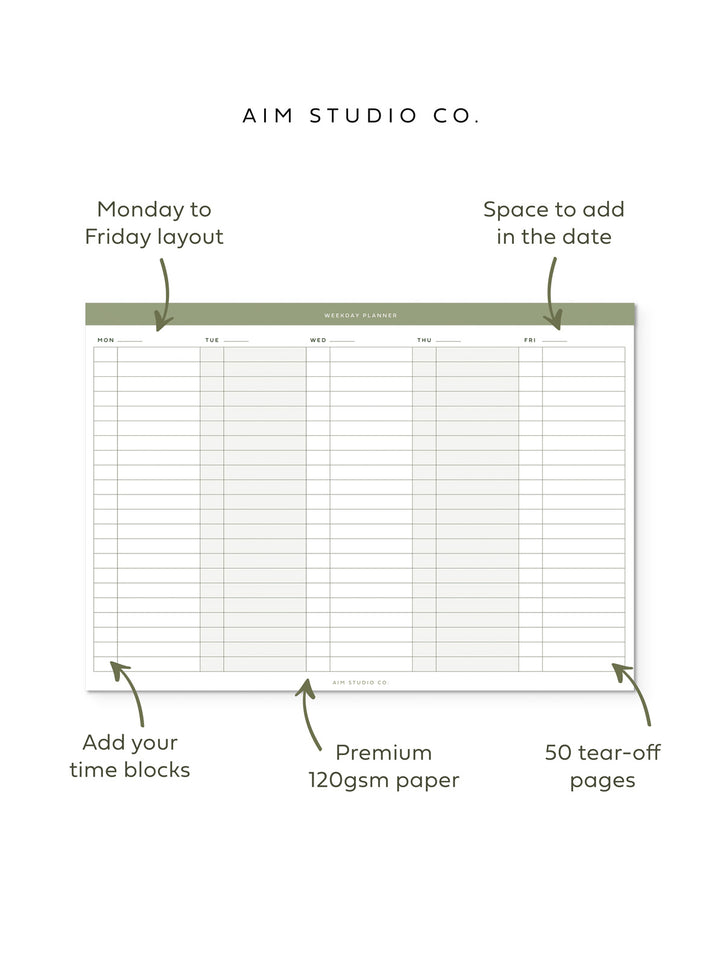 A4 Time Block Weekday Planner Notepad - Sage Green