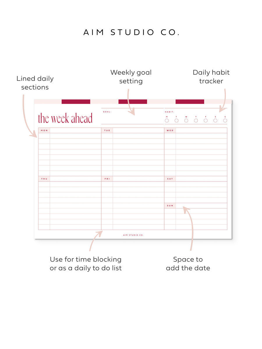 A4 Weekly Planner Notepad | Checkerboard Red & Pink