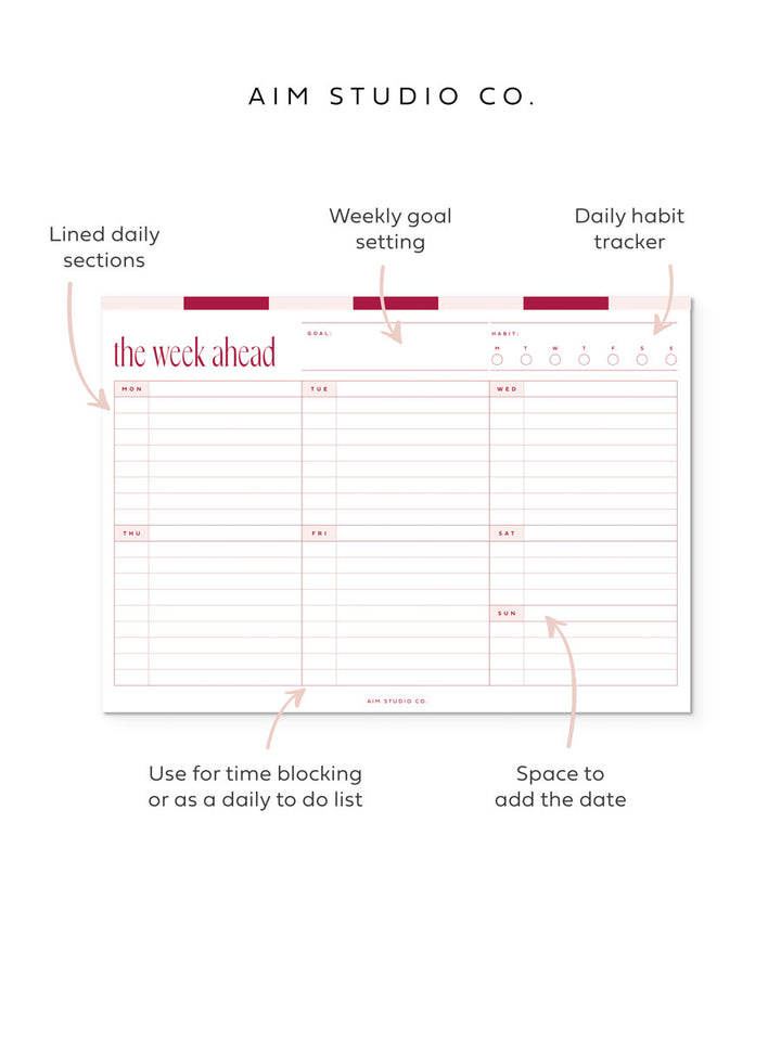 A4 Weekly Planner Notepad | Checkerboard Red & Pink
