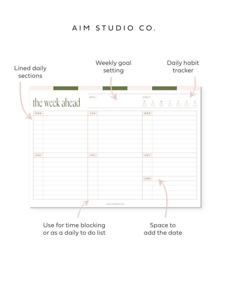 inside a4 notepad showing week to view planner page with lined daily sections and habit tracker