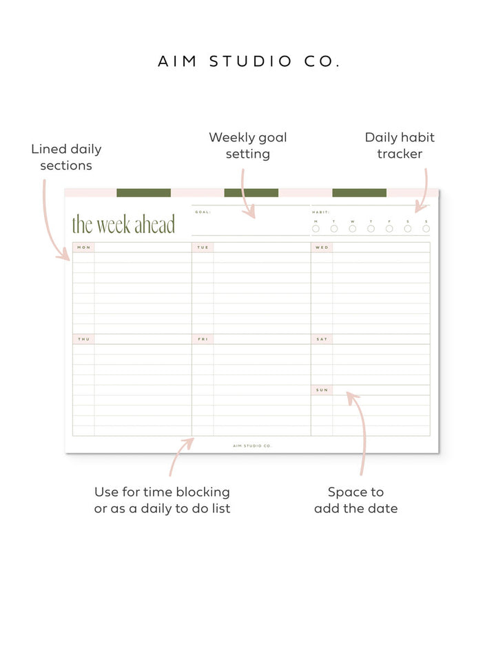 inside a4 notepad showing week to view planner page with lined daily sections and habit tracker