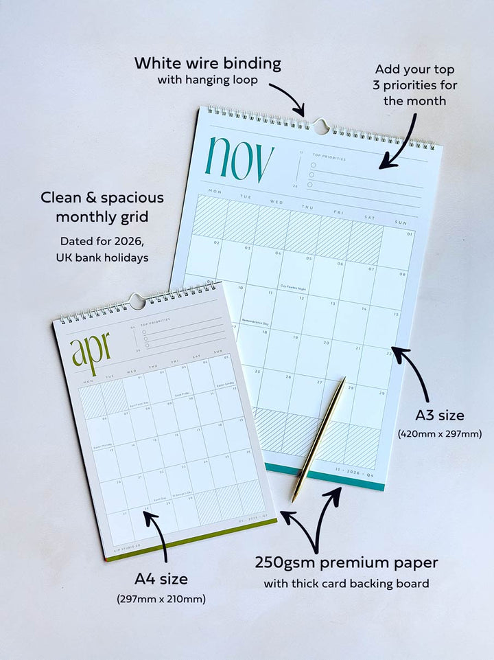 2026 Minimalist Wall Calendar: Large A3 or A4