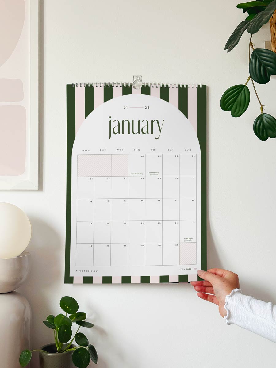 large a3 stripe wall calendar on office wall showing month view of january 2026