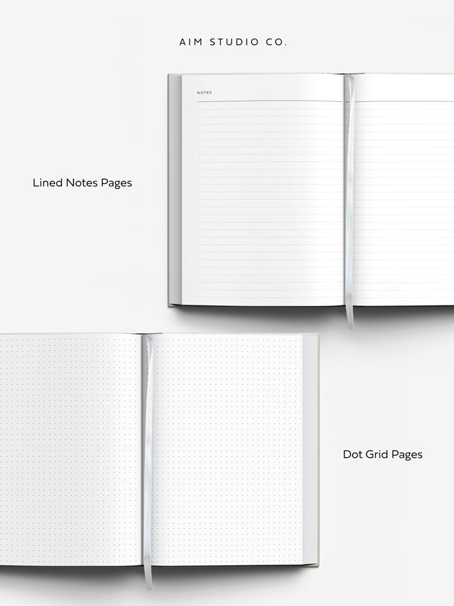 A5 sized lined notes page and dot grid page inside 2027 diary by aim studio co. A white ribbon bookmark lays on the page.