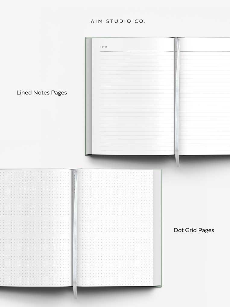 lined notes pages and dot grid pages inside a5 week to view diary with sage green cover with white ribbon bookmark
