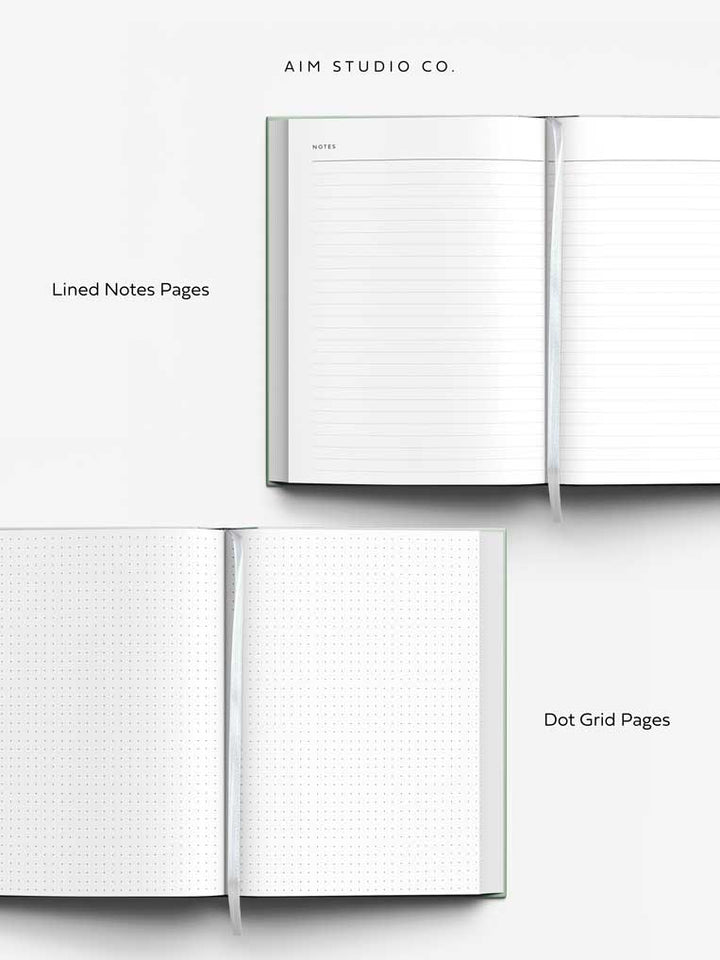 lined notes pages and dot grid pages inside a5 week to view diary with sage green cover with white ribbon bookmark