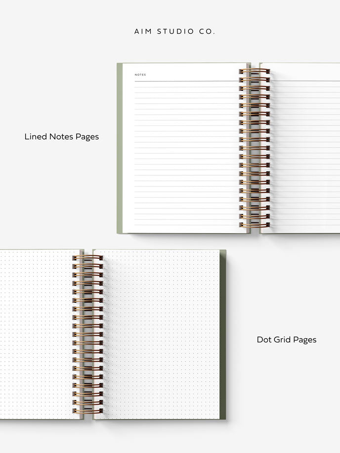 Open pages inside 2027 diary showing lined notes pages and dot grid pages.