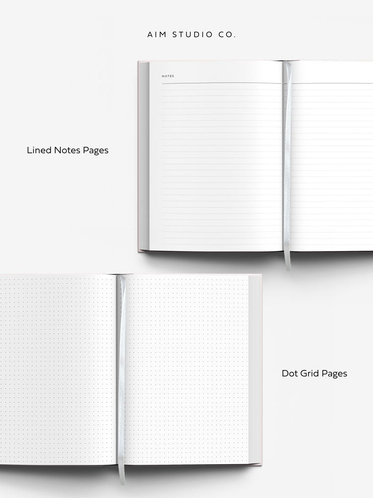 two open pages showing lined notes pages and dot grid pages inside A5 weekly planner by AIM Studio Co.