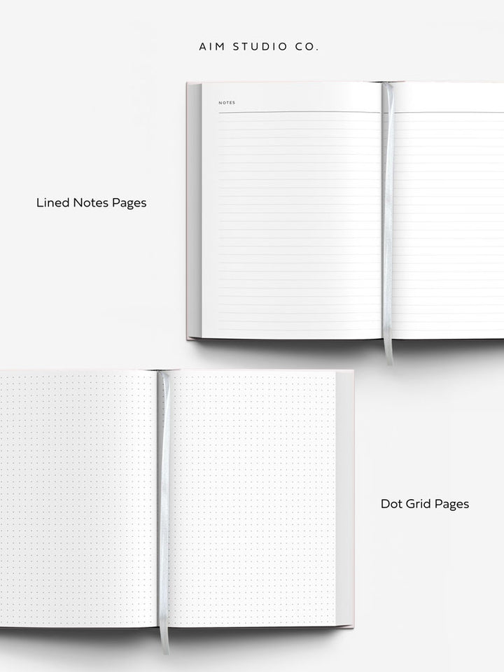 two open pages showing lined notes pages and dot grid pages inside A5 weekly planner by AIM Studio Co.