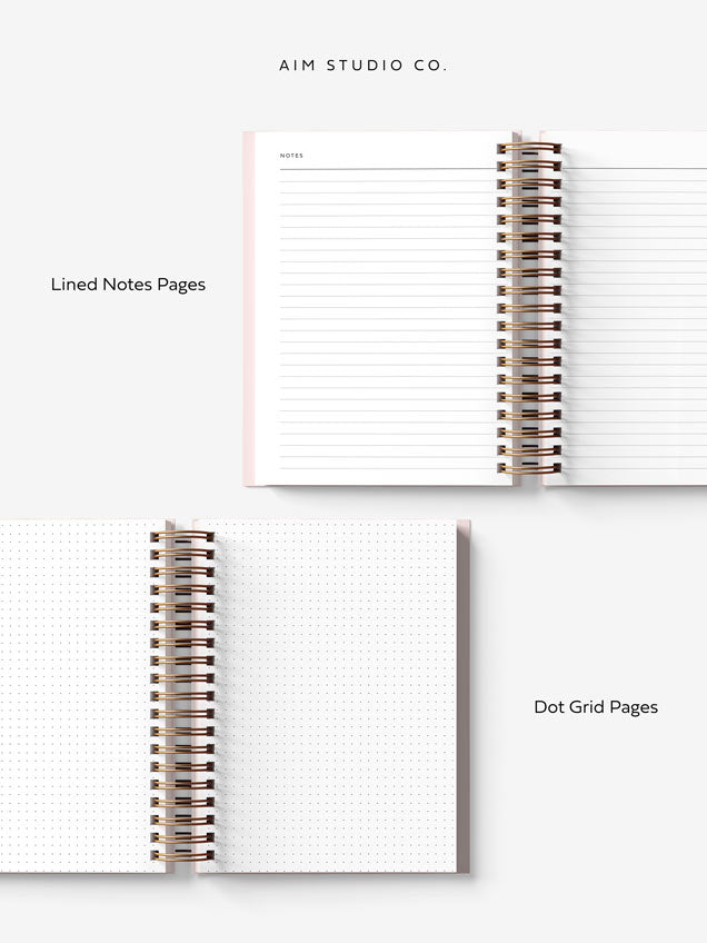 two open spiral bound planners showing notes pages and dot grid pages at the back.