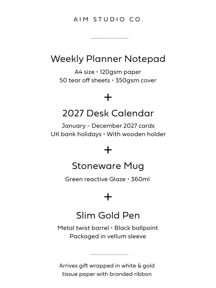List of contents in the green and pink office desk stationery and accessories bundle.