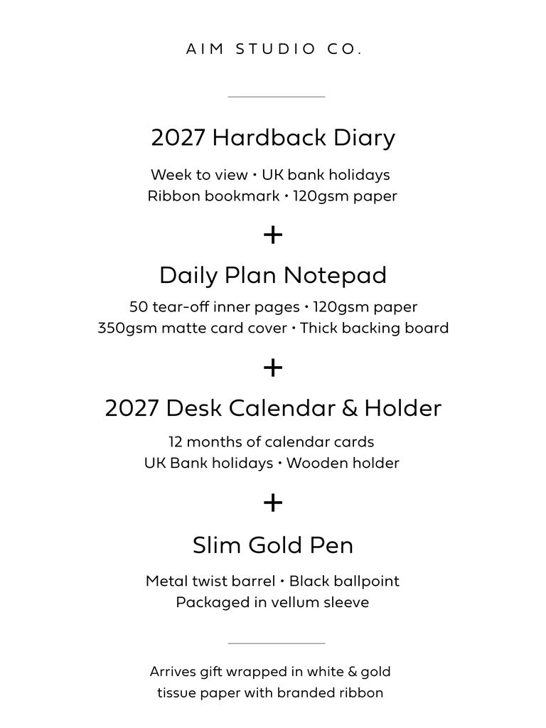 Information listing the content included in a 2027 planner bundle: diary, notepad, desk calendar and pen set. It arrives gift wrapped in tissue paper.