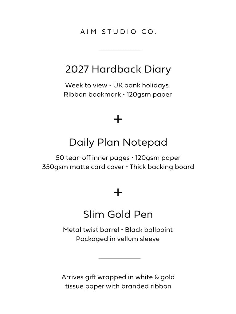 list of stationery included in green stationery set, showing a 2027 hardback diary in sage green with UK bank holidays and week to view pages, a daily plan notepad with deep green cover and 50 tear-off inner pages, along with a slim gold pen. Arrives gift wrapped in white and gold tissue paper with a branded ribbon.