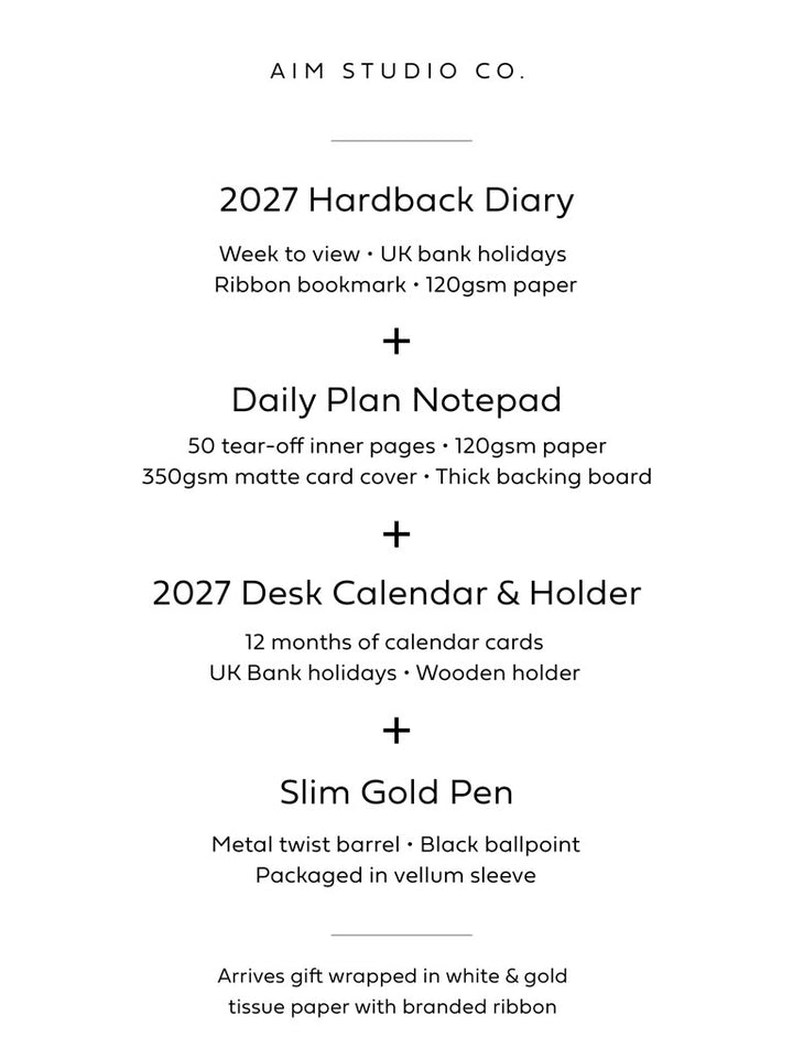product information listing the contents of a desk stationery bundle by aim studio co with details about each item and accessories.