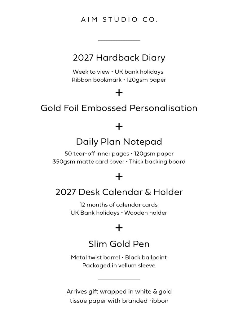 informational graphic listing the contents of a pink 2027 diary and desk accessories gift bundle for women, including gift-wrap.