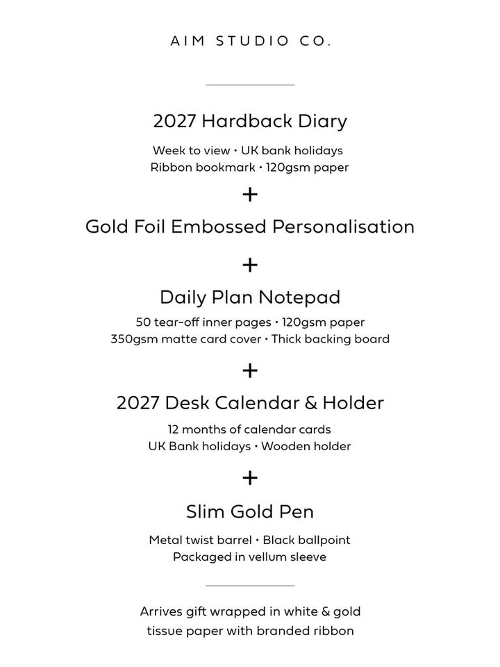 informational graphic listing the contents of a pink 2027 diary and desk accessories gift bundle for women, including gift-wrap.