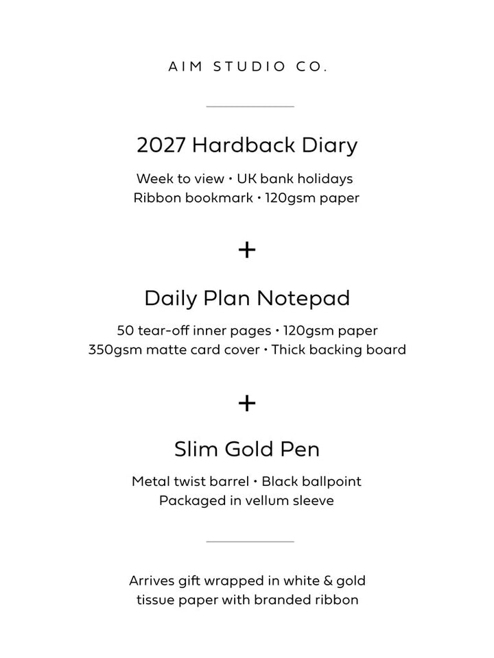 list of stationery items included in the pink and burgundy stationery gift set by AIM Studio Co. Including: a 2027 hardback diary, a co-ordinated daily planner notepad and a slim gold pen. The stationery bundle arrives gift wrapped in white and gold tissue paper with a braned ribbon.