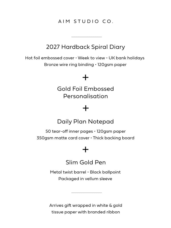 information listing stationery contents inside sage green personalised diary gift set, which lists a 2027 hardback spiral diary with week to view format &amp; UK bank holidays, gold foiled personalisation on the diary cover, a daily plan A5 notepad with 350gsm card cover and 50 tear-off inner pages and a slim gold pen. The stationery set arrives gift wrapped in white and gold tissue paper and tied with a branded AIM Studio Co. ribbon.