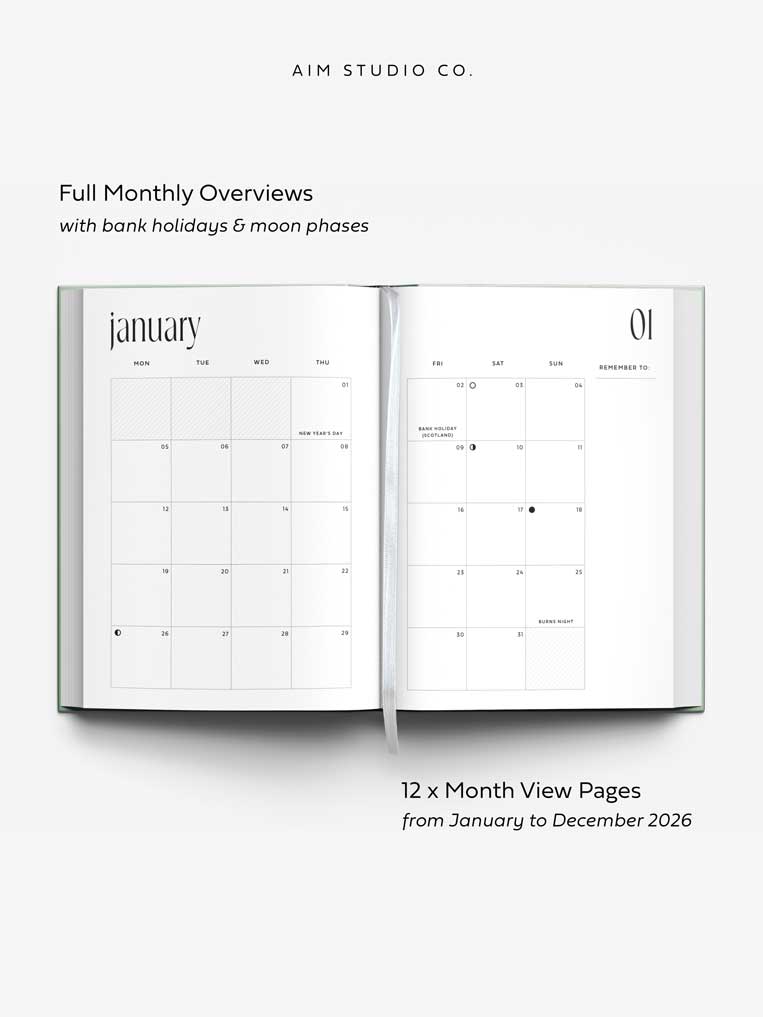 Open 2026 planner showing monthly calendar overview pages with UK bank holidays and moon phases.