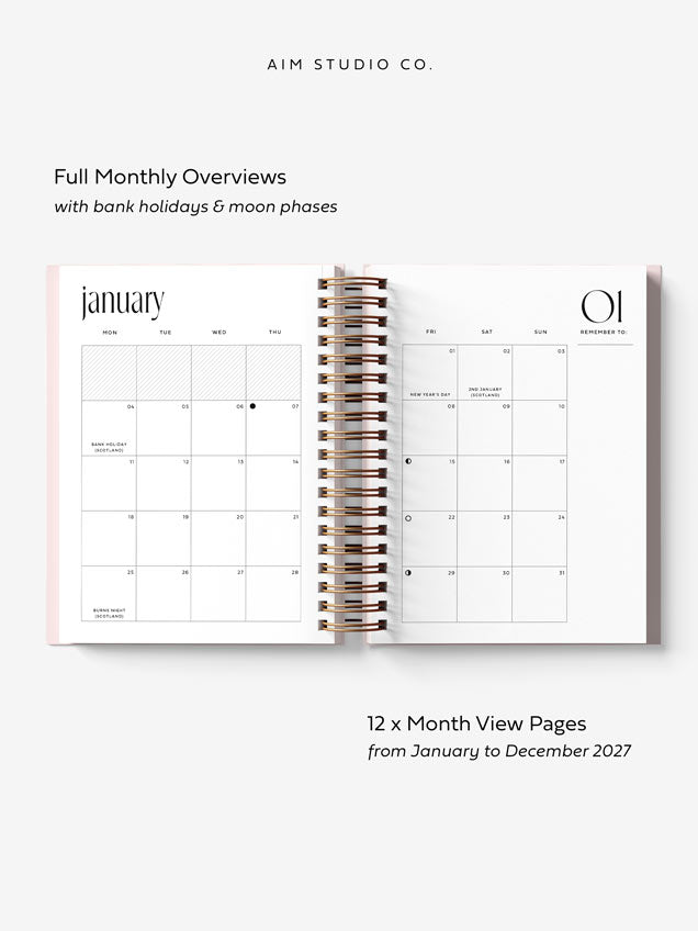 Monthly calendar spread across 2 A5 sized pages inside a spiral planner, showing the month of January 2027 with UK bank holidays, moon phases and notes section.