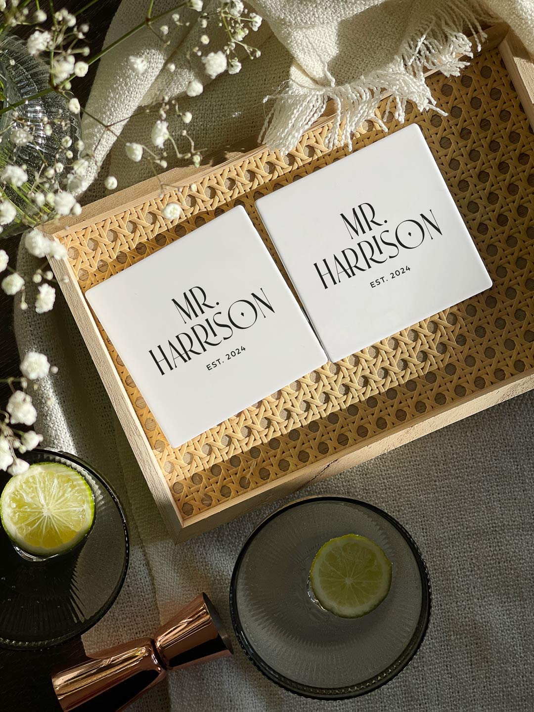 Set of Two Ceramic Couples Coaster Set with Custom Wedding Date & Names