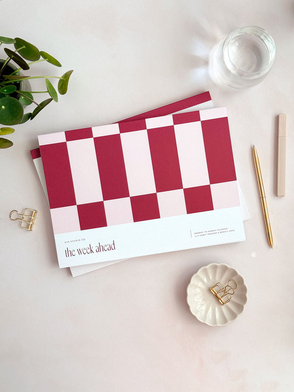 A4 Weekly Planner Notepad | Checkerboard Red & Pink