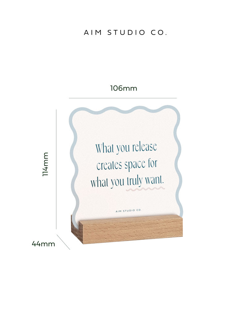 informational image showing positive affirm card in a wood stand with size dimensions readinf 106mm wide x 114mm tall.